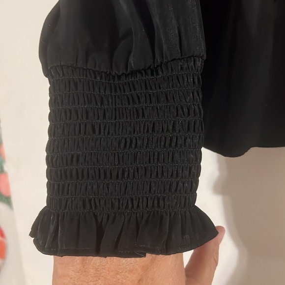 Aqua black satin  blouse ruffle neck. - Picture 3 of 8